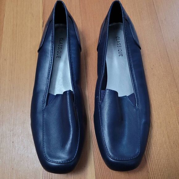 Classique navy blue square toe ballet flats size 10W minimalist neutral office - Picture 1 of 11